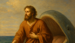 Jonah walks away from the open mouth of a whale, symbolizing emotional healing and transformation.