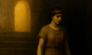 A classical-style image symbolizing Inanna’s descent, illustrating the emotional process of embracing negative emotions.