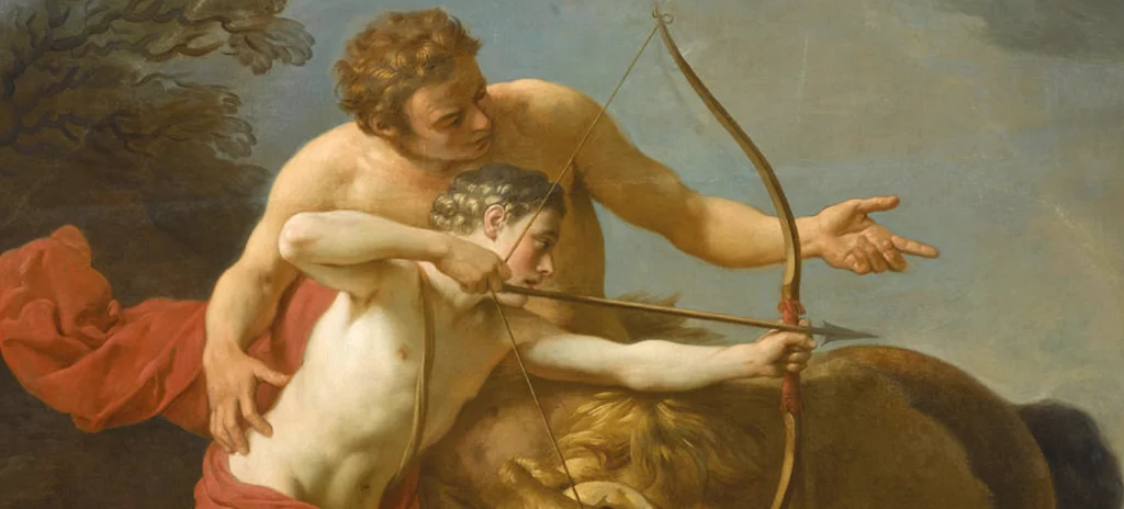 Chiron, the wise centaur from Greek mythology, guiding a young pupil in archery, symbolizing mentorship, guidance, and preparation for life’s journey. A mythological symbol for how to be a better parent.