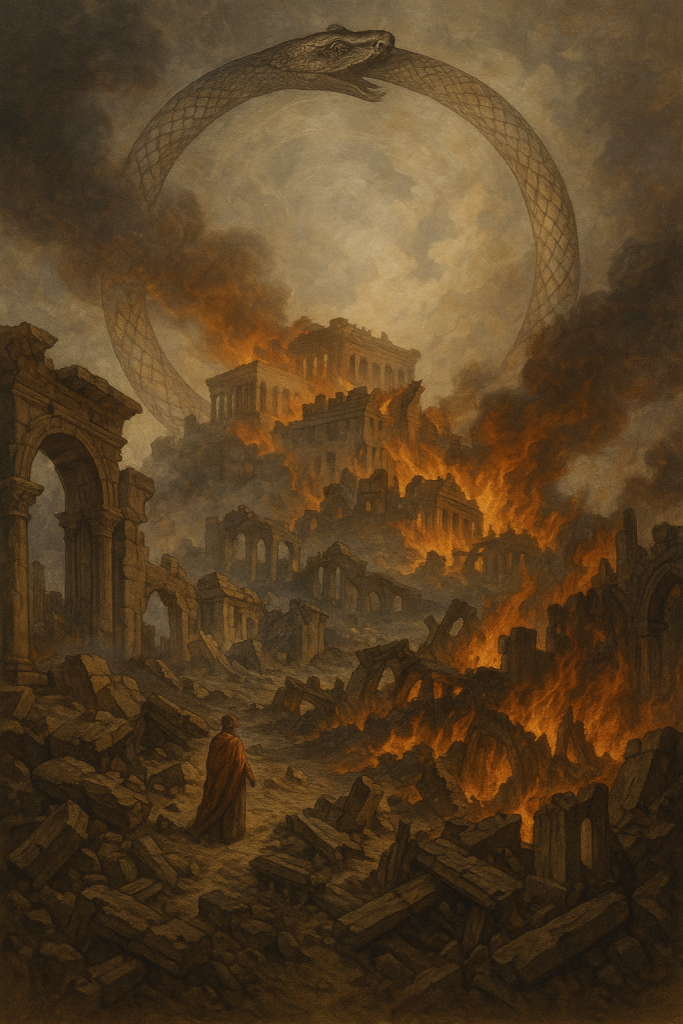 A dramatic painting of a burning kingdom in ruins, with a cloaked figure standing among the rubble under a giant ouroboros, symbolizing collapse, renewal, and breaking old patterns in therapy.