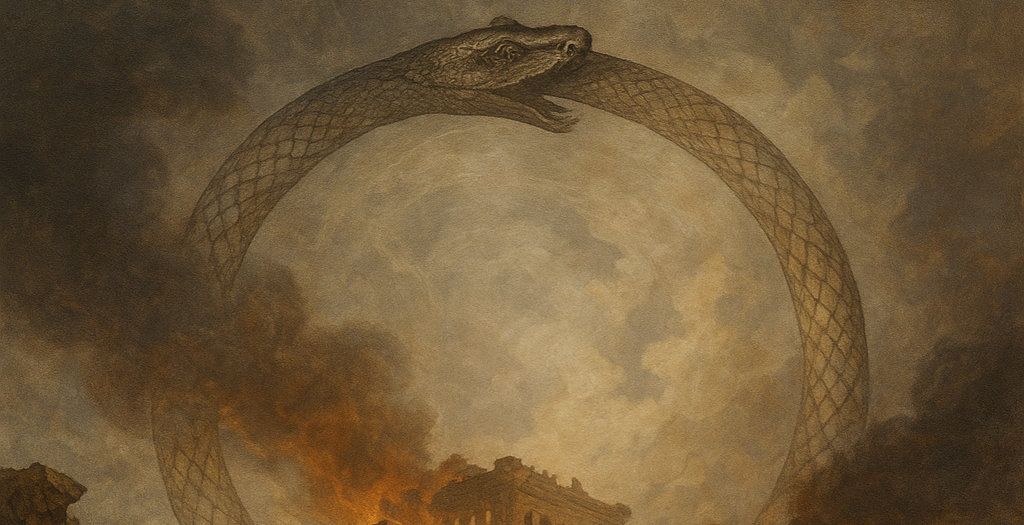 A dramatic painting of a burning kingdom in ruins, with a cloaked figure standing among the rubble under a giant ouroboros, symbolizing collapse, renewal, and breaking old patterns in therapy.
