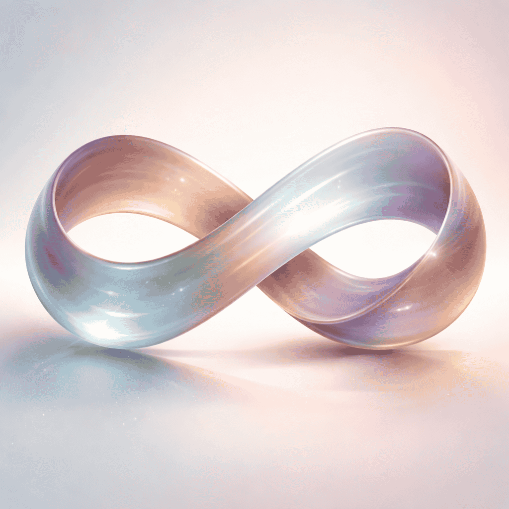 A softly glowing Möbius strip rendered in blended pastel tones, symbolizing continuous transformation, unity, and the integration of opposing emotional states in therapy for fear of change