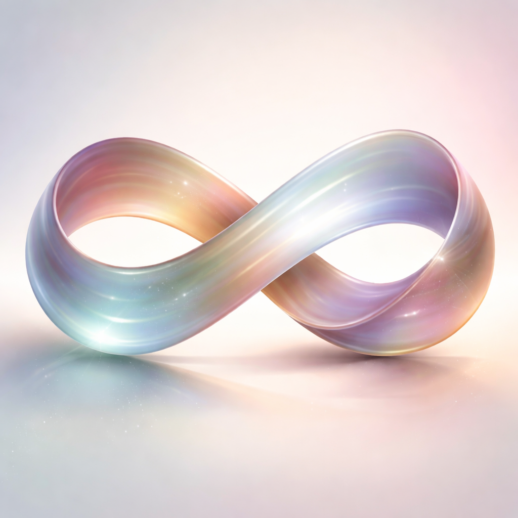 A softly glowing Möbius strip rendered in blended pastel tones, symbolizing continuous transformation, unity, and the integration of opposing emotional states in therapy for fear of change