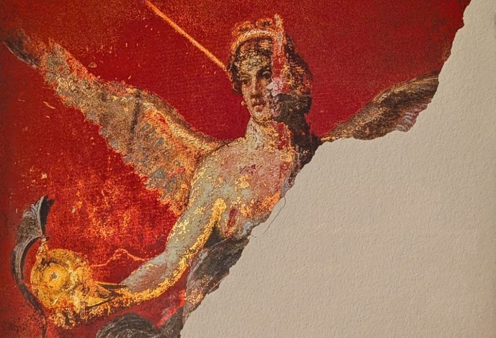 Red Roman-style fresco of a winged woman with a golden shield, for a post on how to deal with anger
