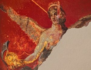 Red Roman-style fresco of a winged woman with a golden shield, for a post on how to deal with anger