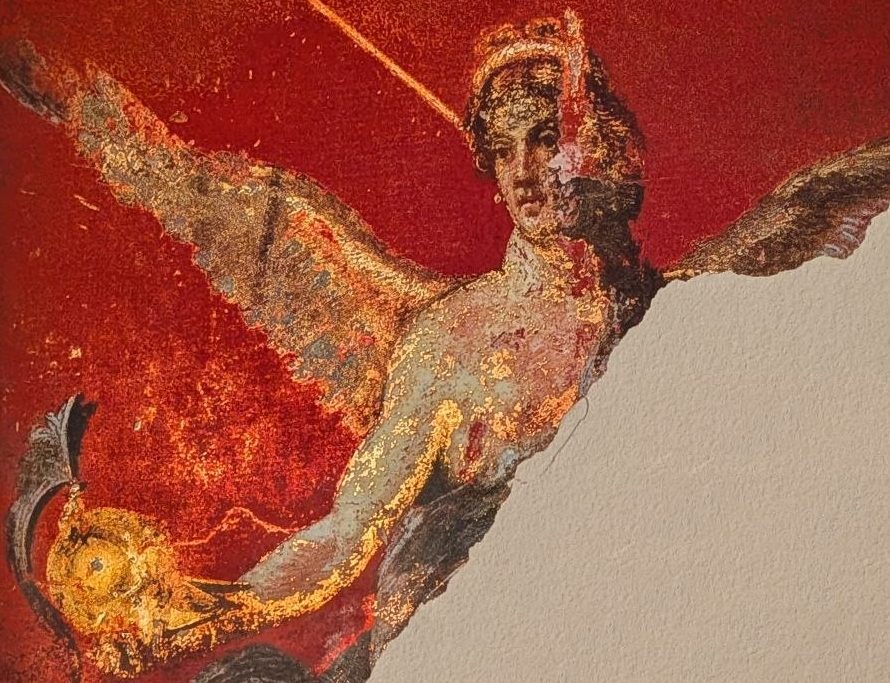 Red Roman-style fresco of a winged woman with a golden shield, for a post on how to deal with anger